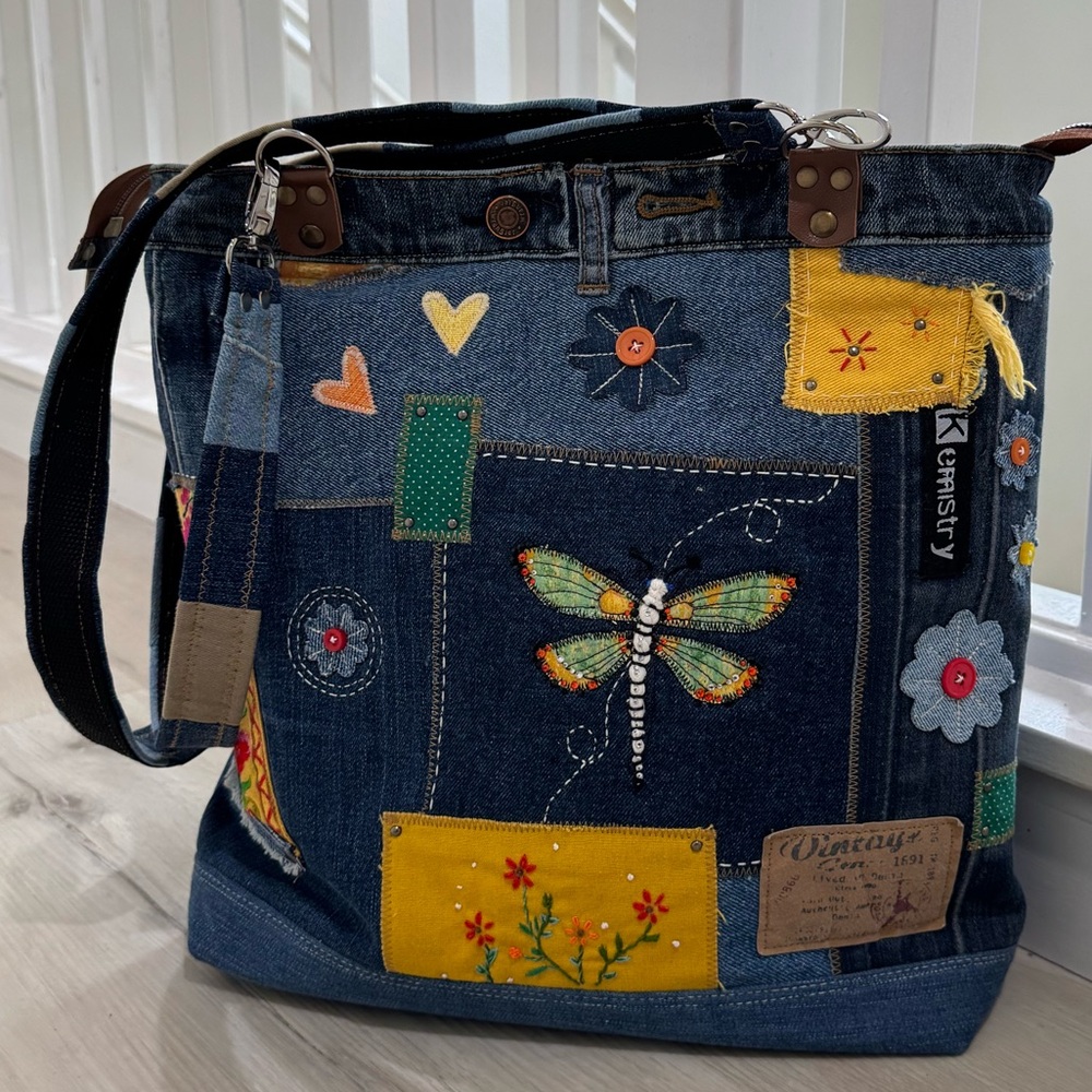Handmade Upcycled Denim Tote Bag – Dragonfly & Patchwork Design - Picture 8 of 15